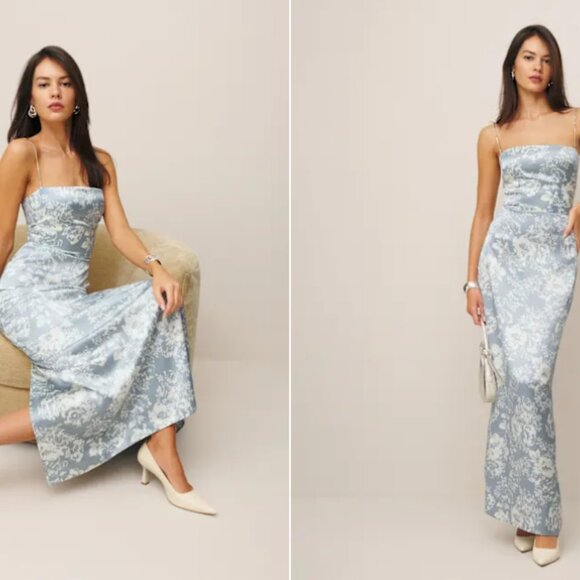 Reformation Frankie Silk Dress Porcelain Blue Floral Square Neck Maxi US 0 - Picture 17 of 17